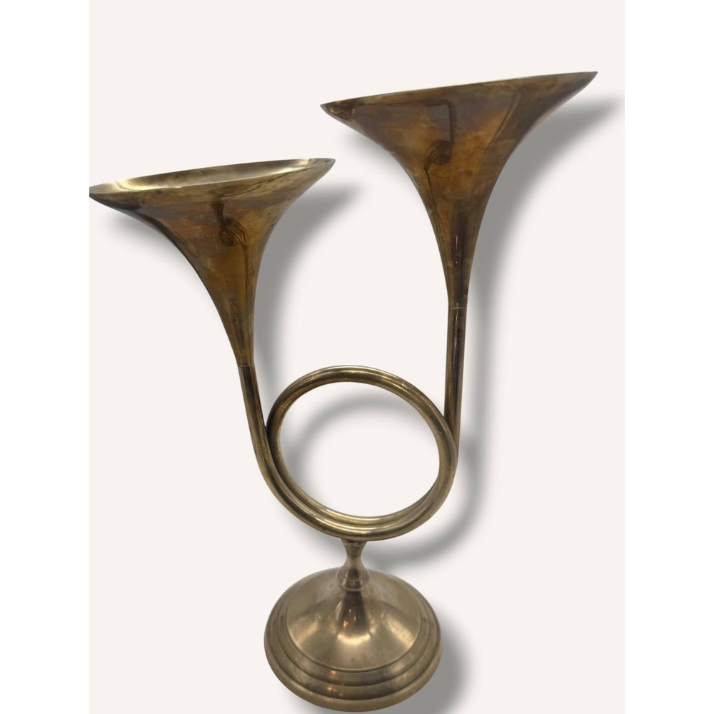 Rare and unique Vintage Brass Double French Horn Candlestick Holder with Patina